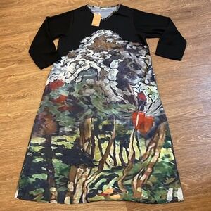 Soolinen‎ Dress Abstract Print Long Sleeve V Neck Artsy Comfort Womens one size
